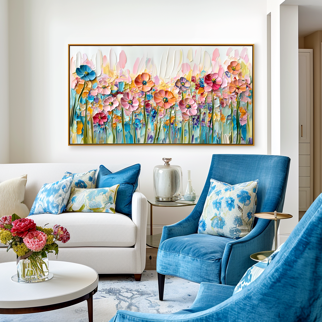 Vibrant Floral Oil Painting – Colorful Poppy Field Art with Textured Strokes