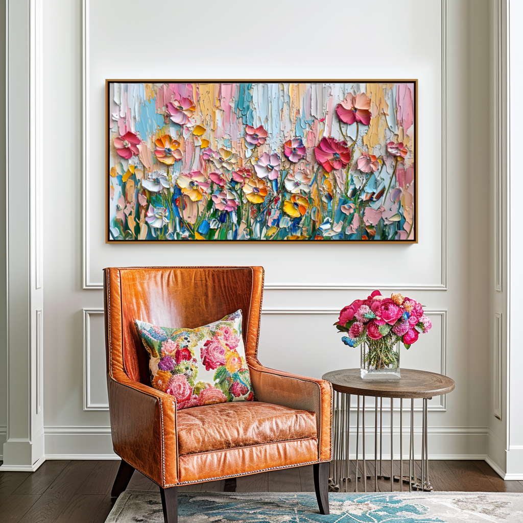 Vibrant poppy garden oil painting with textured brushstrokes in pastel pink, orange, purple, and blue hues.