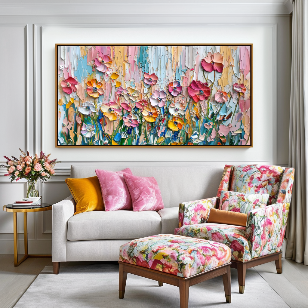 Vibrant poppy garden oil painting with textured brushstrokes in pastel pink, orange, purple, and blue hues.