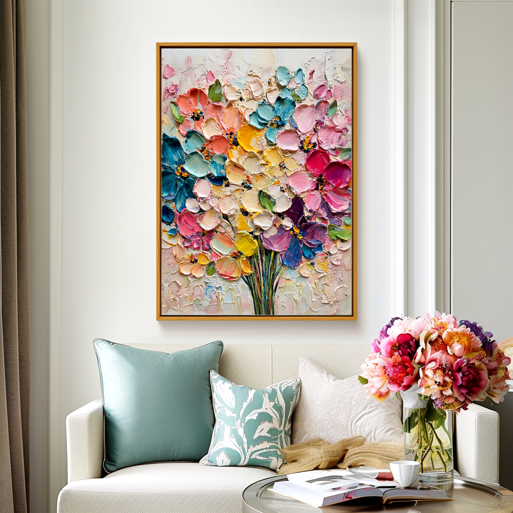 Bright textured floral oil painting featuring a vibrant bouquet of pink, yellow, blue, and purple flowers.