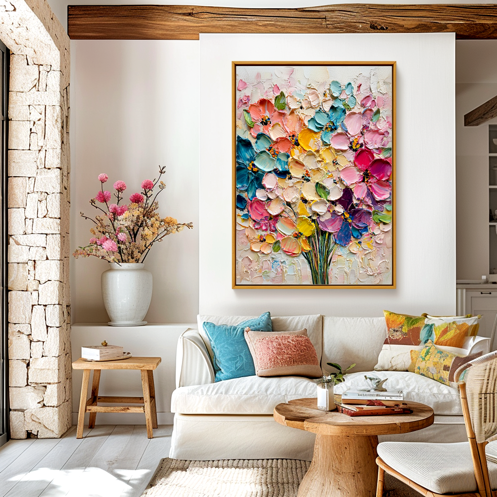 Bright textured floral oil painting featuring a vibrant bouquet of pink, yellow, blue, and purple flowers.