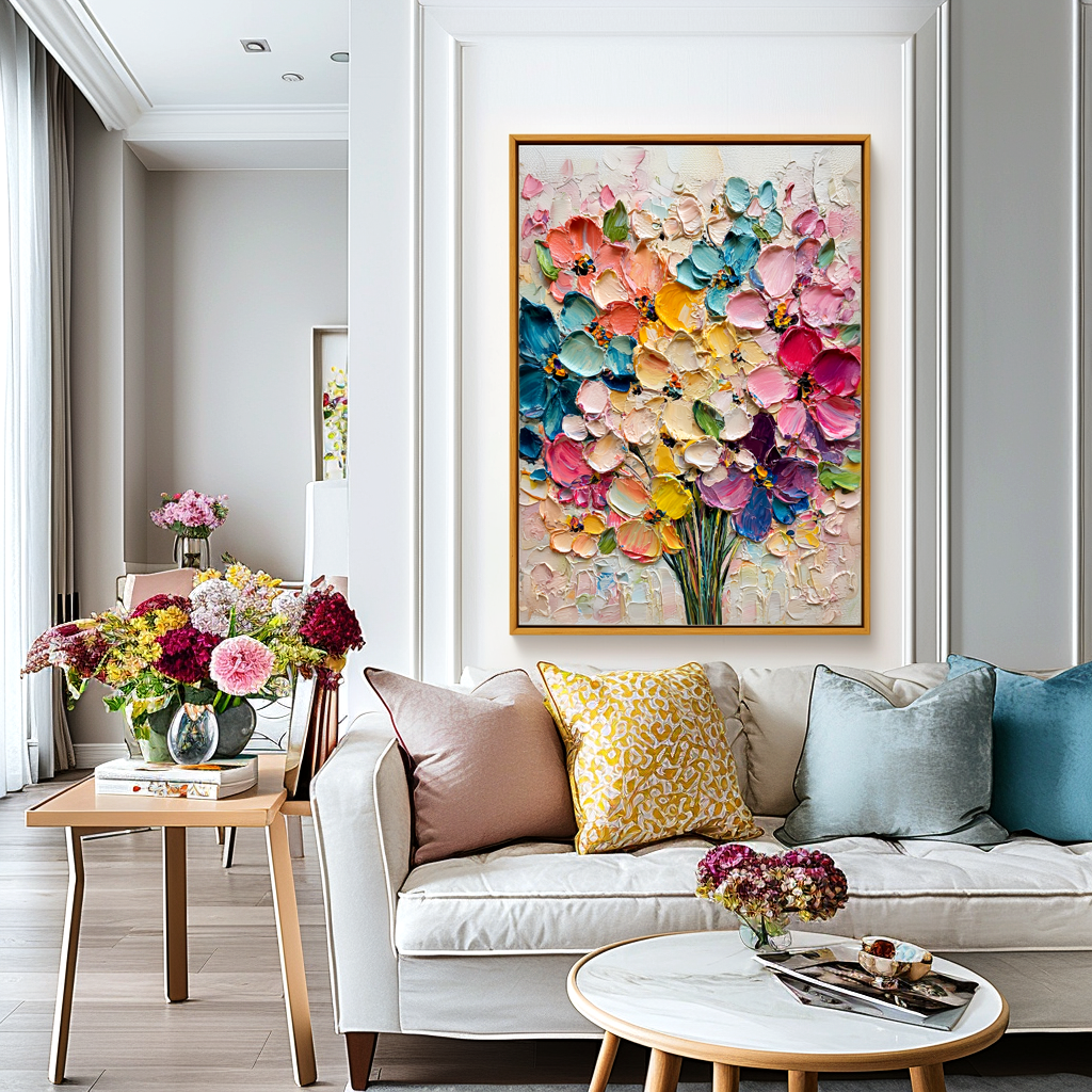 Bright textured floral oil painting featuring a vibrant bouquet of pink, yellow, blue, and purple flowers.