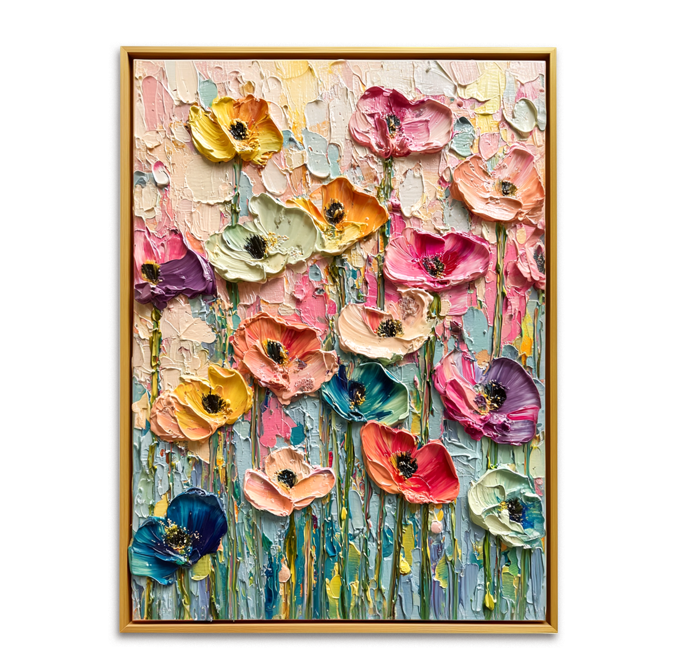 Textured poppy field oil painting with vibrant colors in pink, yellow, blue, and purple flowers.