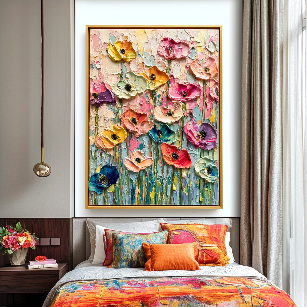 Textured poppy field oil painting with vibrant colors in pink, yellow, blue, and purple flowers.