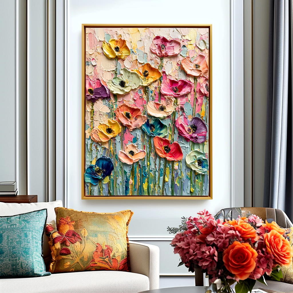 Textured poppy field oil painting with vibrant colors in pink, yellow, blue, and purple flowers.