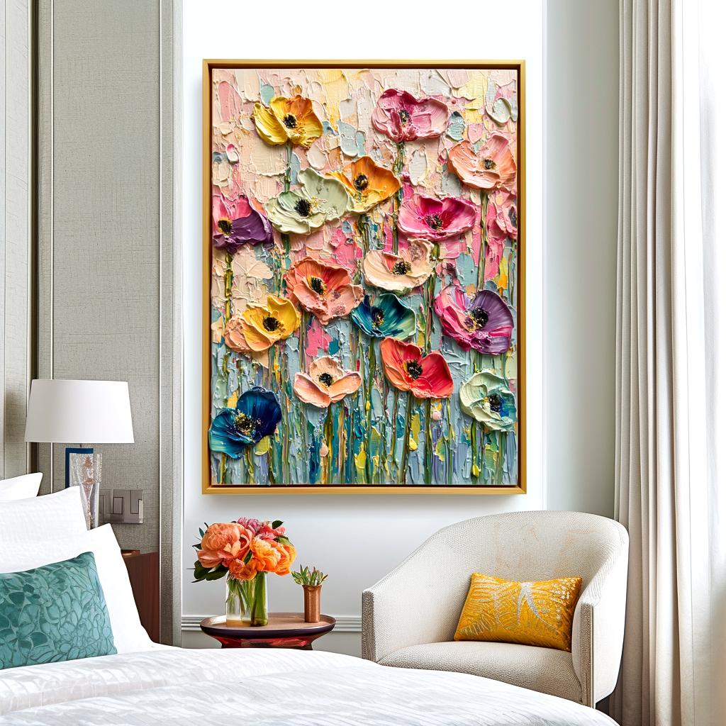 Textured poppy field oil painting with vibrant colors in pink, yellow, blue, and purple flowers.