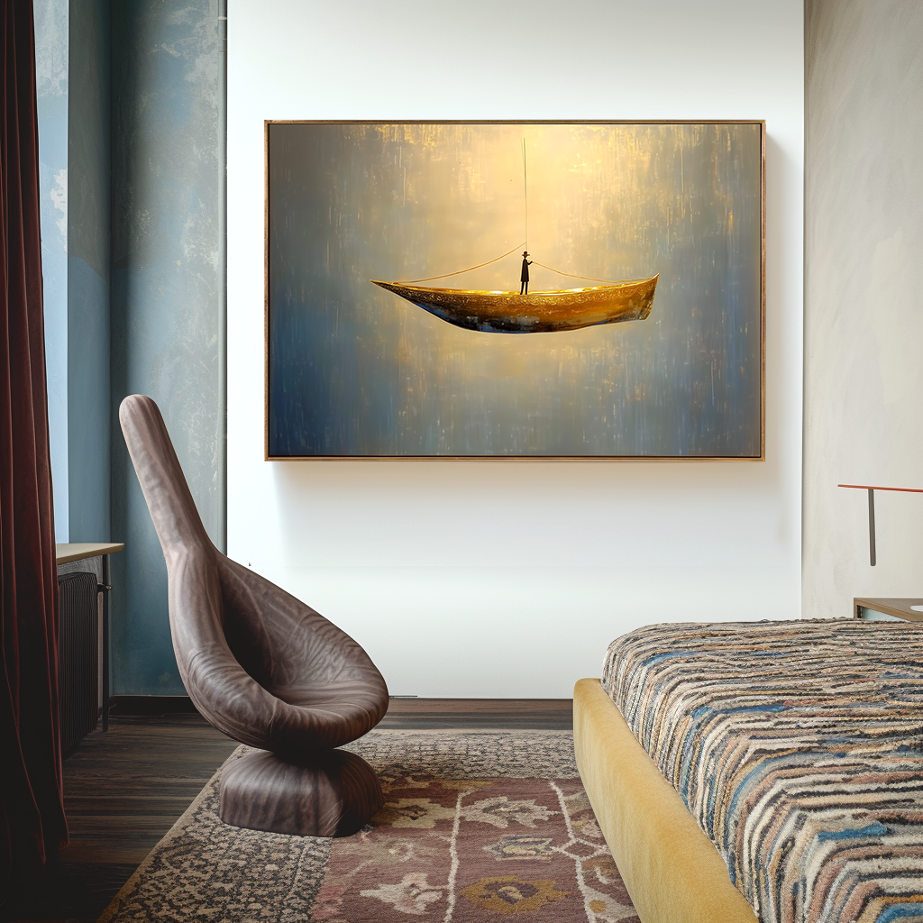 Abstract painting of a lone figure standing on a golden boat, floating in a calm and dreamlike space