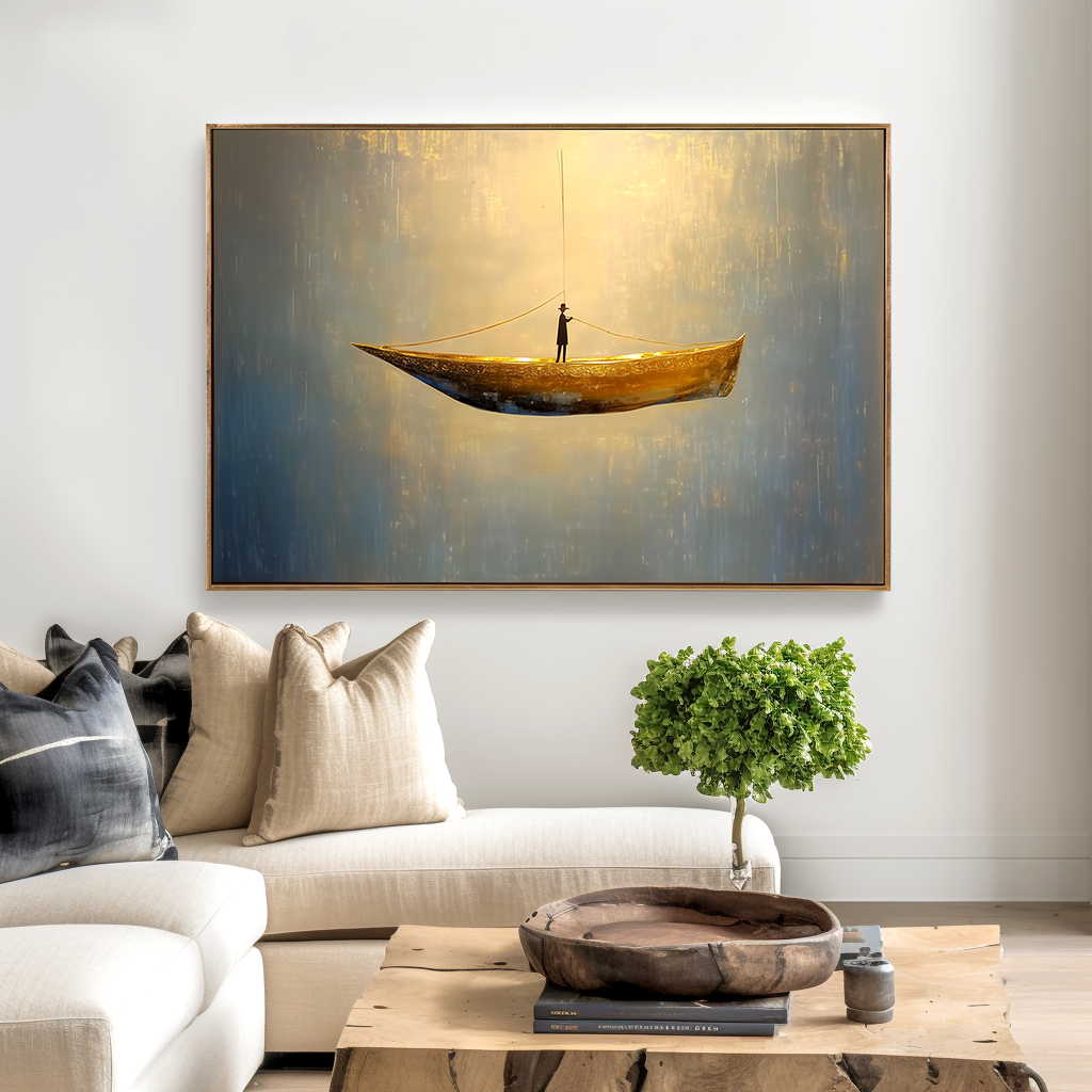 Abstract painting of a lone figure standing on a golden boat, floating in a calm and dreamlike space