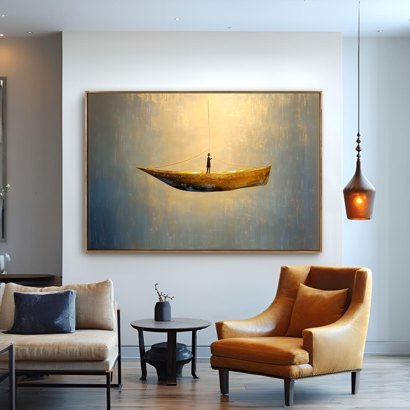 Abstract painting of a lone figure standing on a golden boat, floating in a calm and dreamlike space