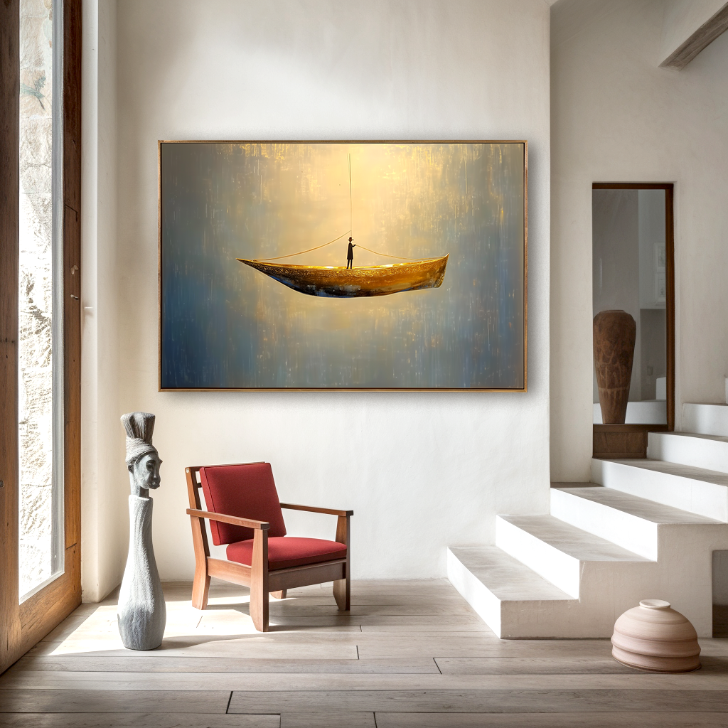 Abstract painting of a lone figure standing on a golden boat, floating in a calm and dreamlike space