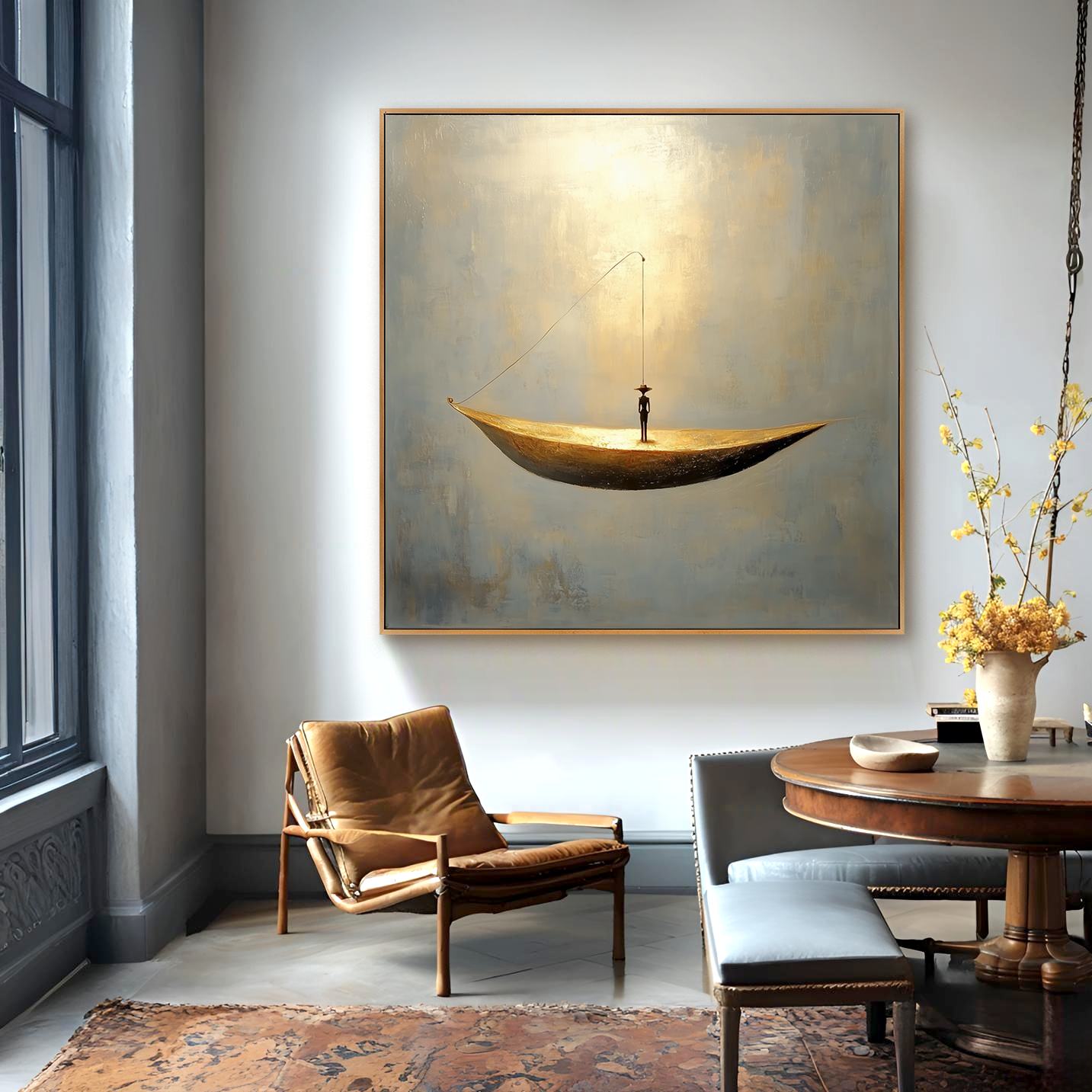 Minimalist abstract painting of a lone figure standing on a golden boat in a calm and open space