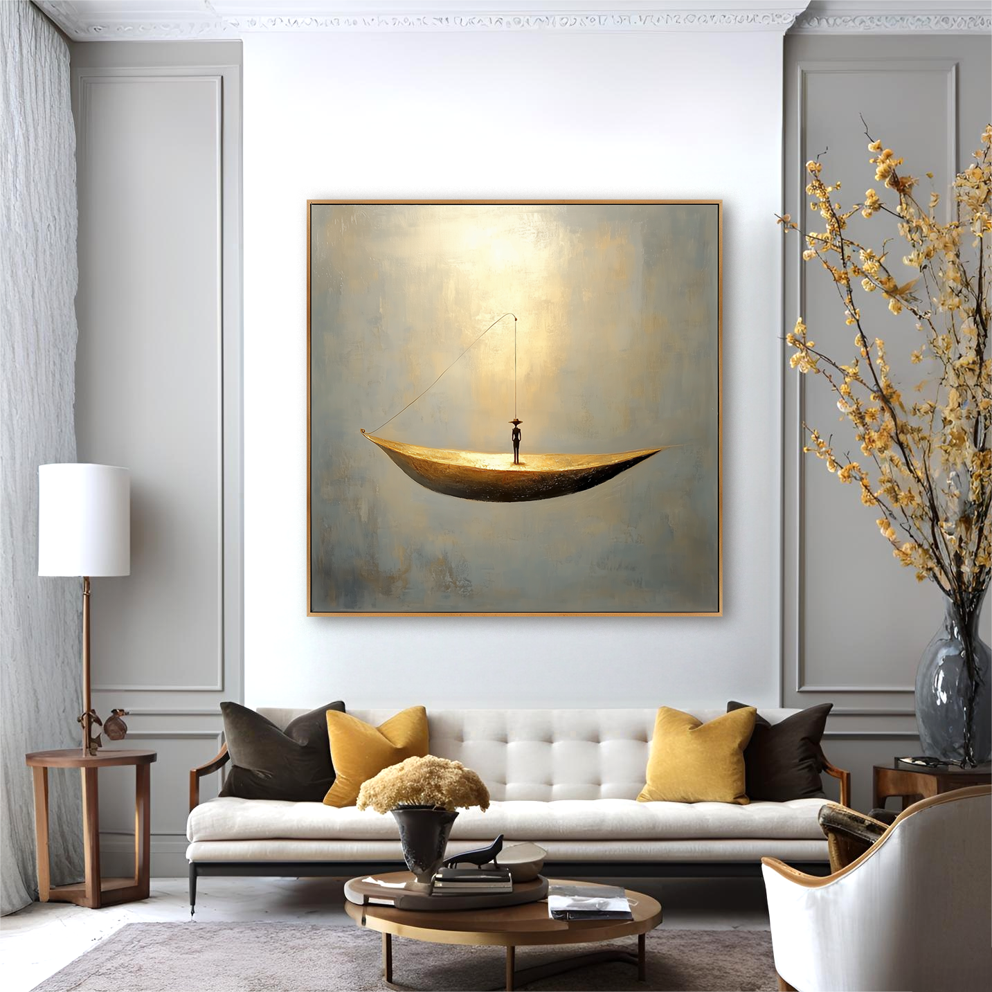 Minimalist abstract painting of a lone figure standing on a golden boat in a calm and open space