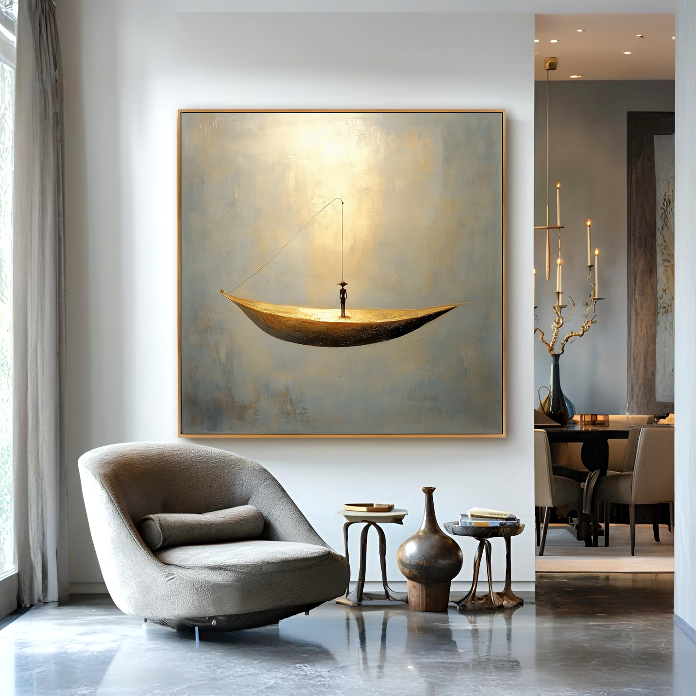 Minimalist abstract painting of a lone figure standing on a golden boat in a calm and open space
