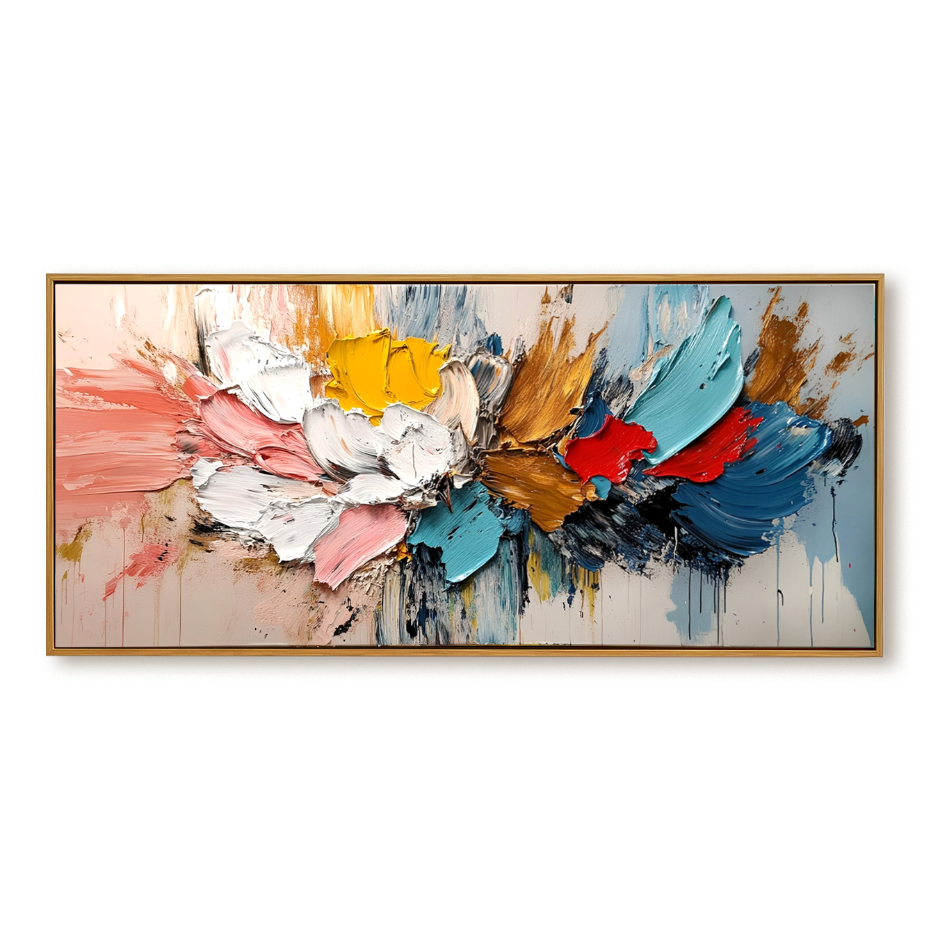 Horizontal abstract textured painting with bold colorful brushstrokes