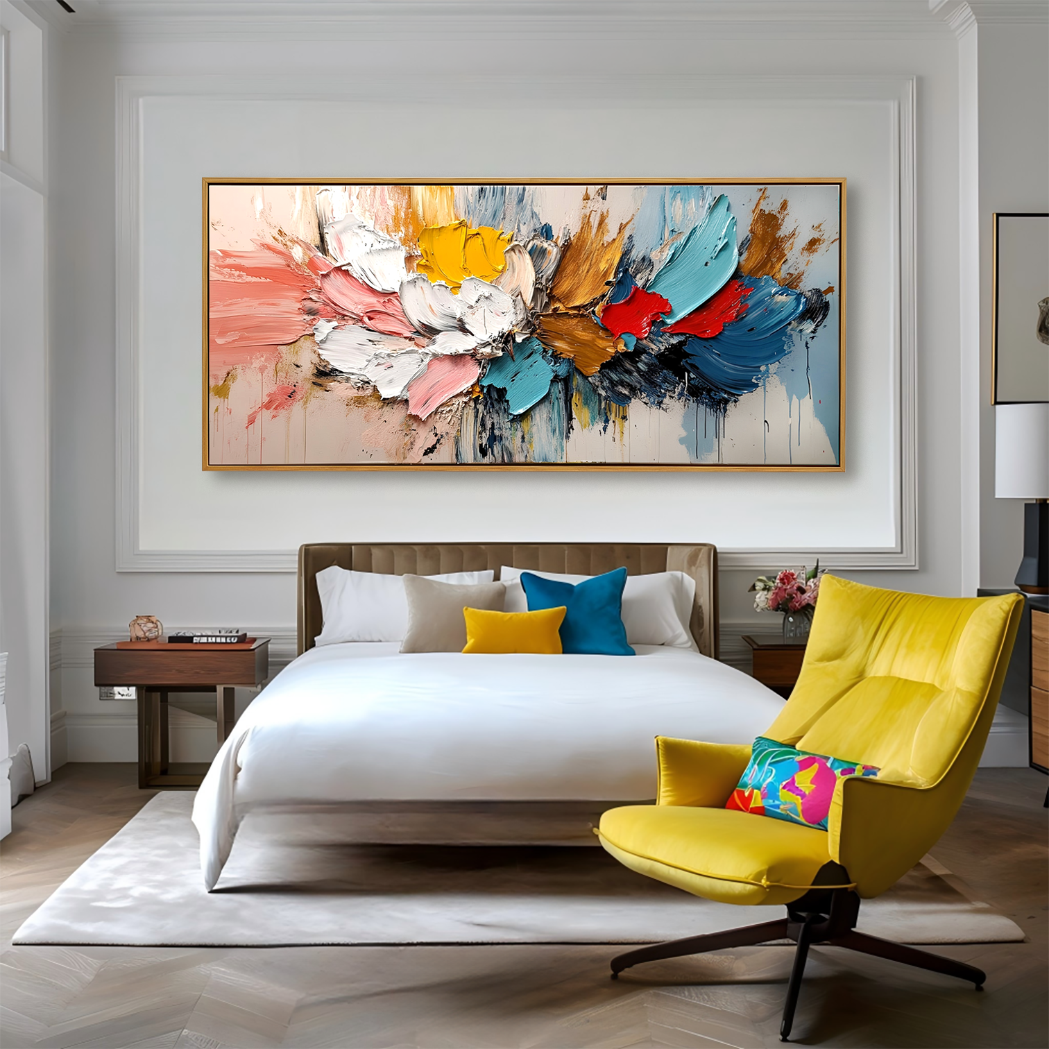 Horizontal abstract textured painting with bold colorful brushstrokes