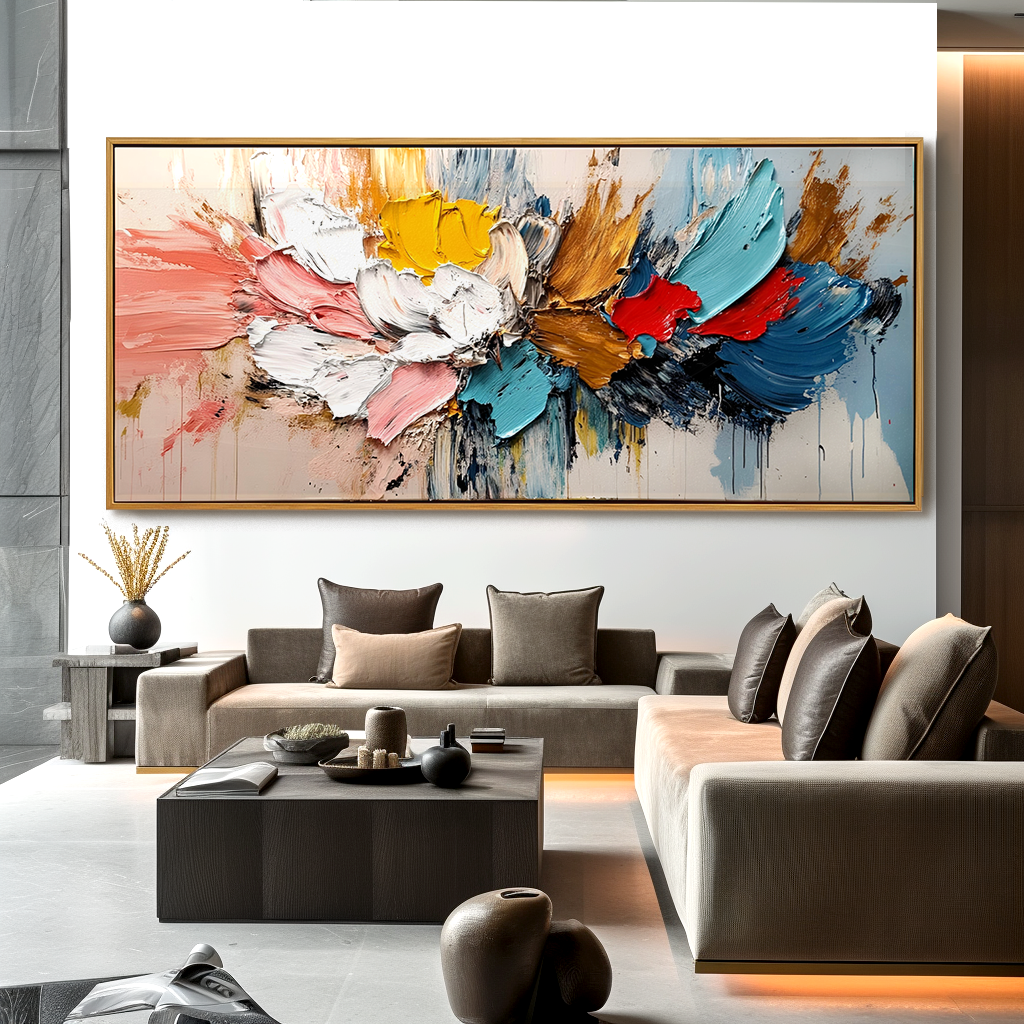 Horizontal abstract textured painting with bold colorful brushstrokes