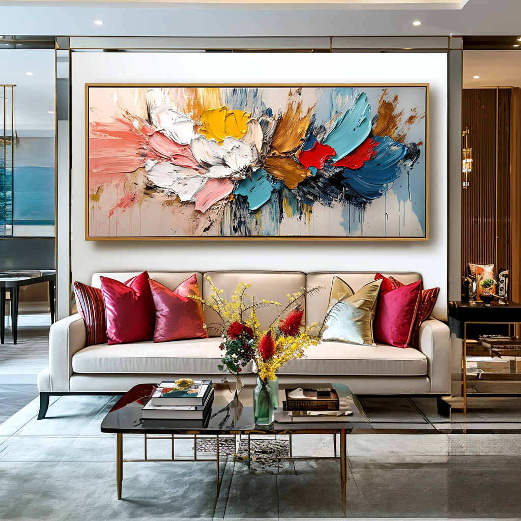 Horizontal abstract textured painting with bold colorful brushstrokes