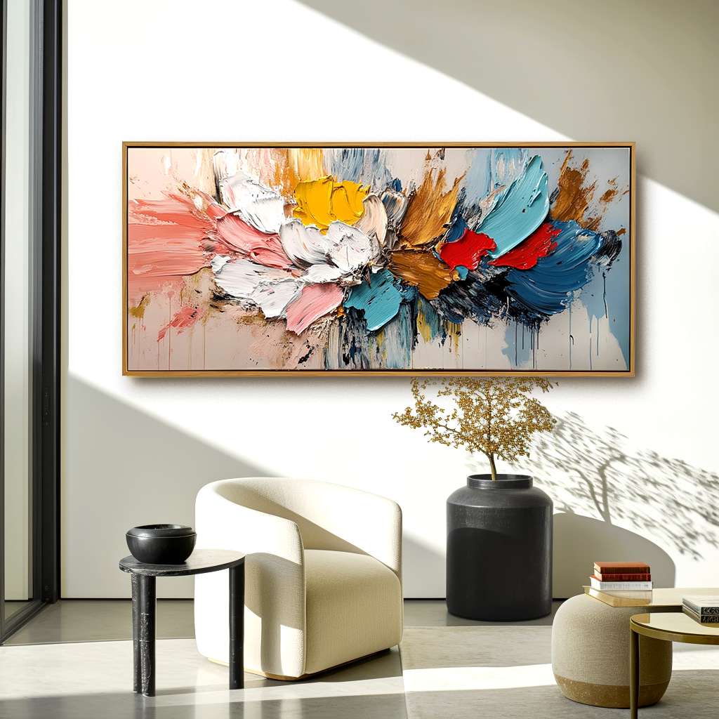 Horizontal abstract textured painting with bold colorful brushstrokes