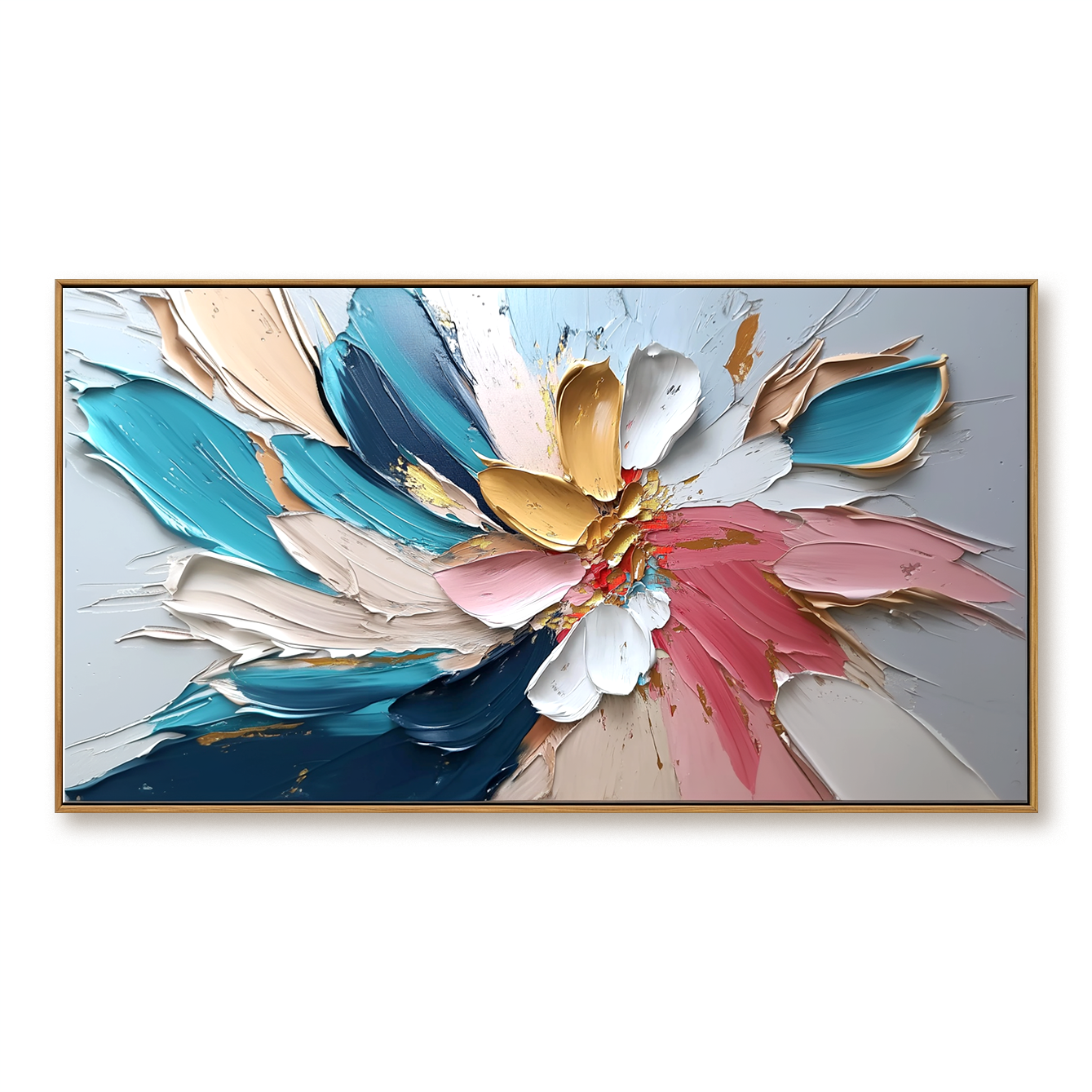 Horizontal abstract floral painting with thick textured brushstrokes