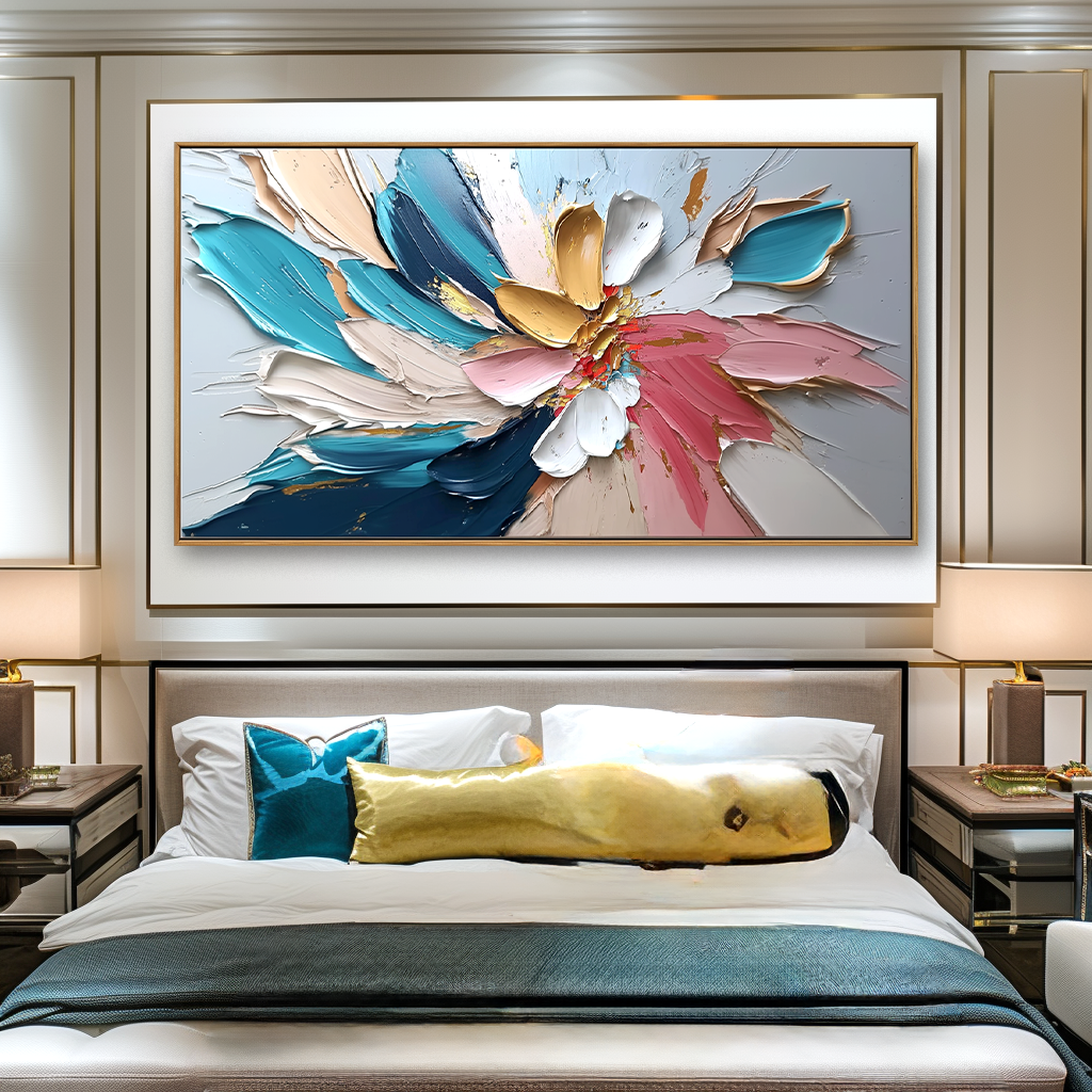 Horizontal abstract floral painting with thick textured brushstrokes