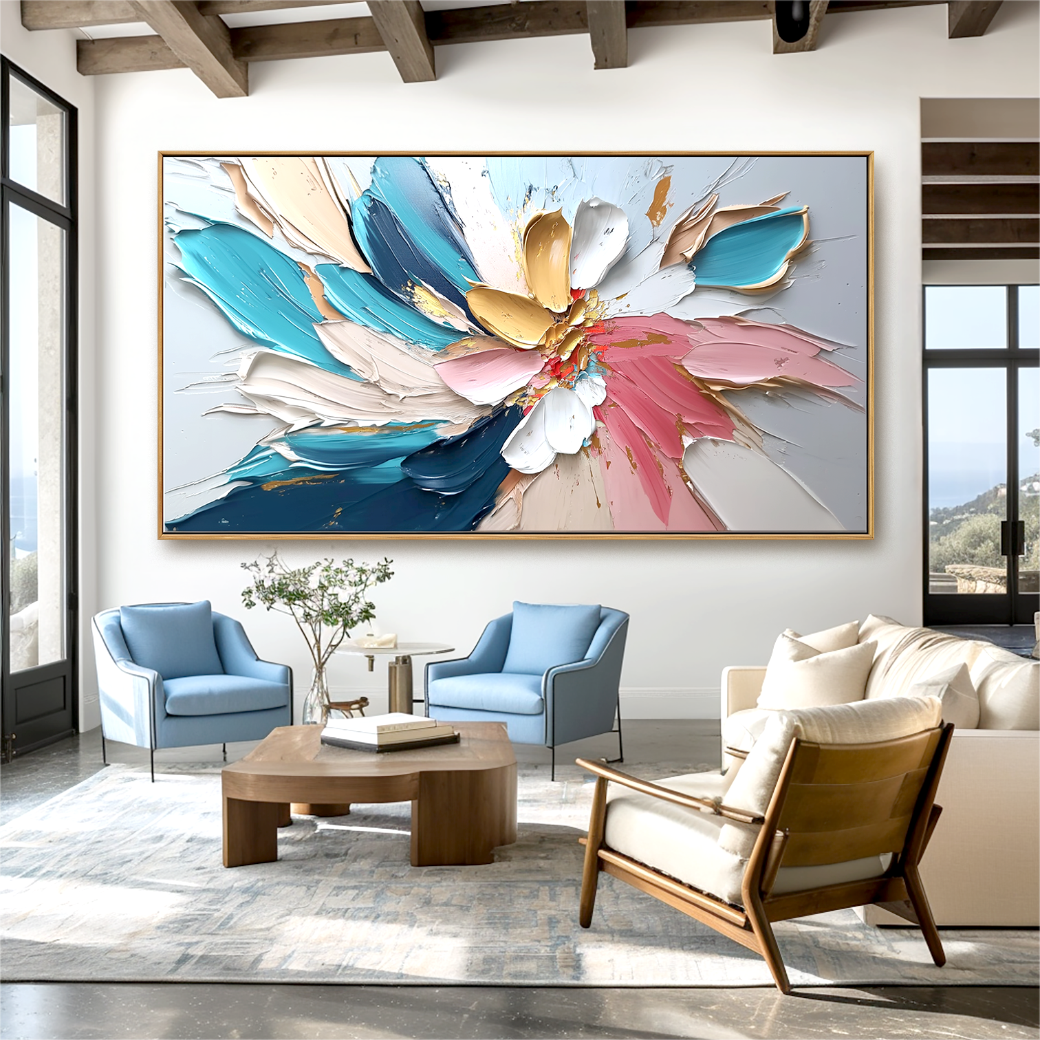 Horizontal abstract floral painting with thick textured brushstrokes