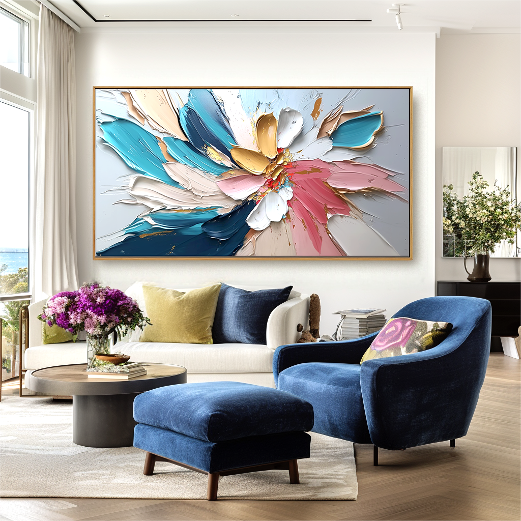 Horizontal abstract floral painting with thick textured brushstrokes