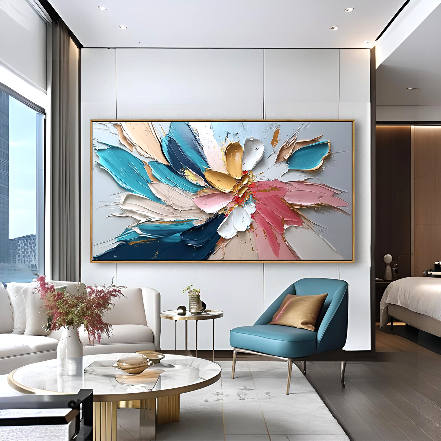 Horizontal abstract floral painting with thick textured brushstrokes