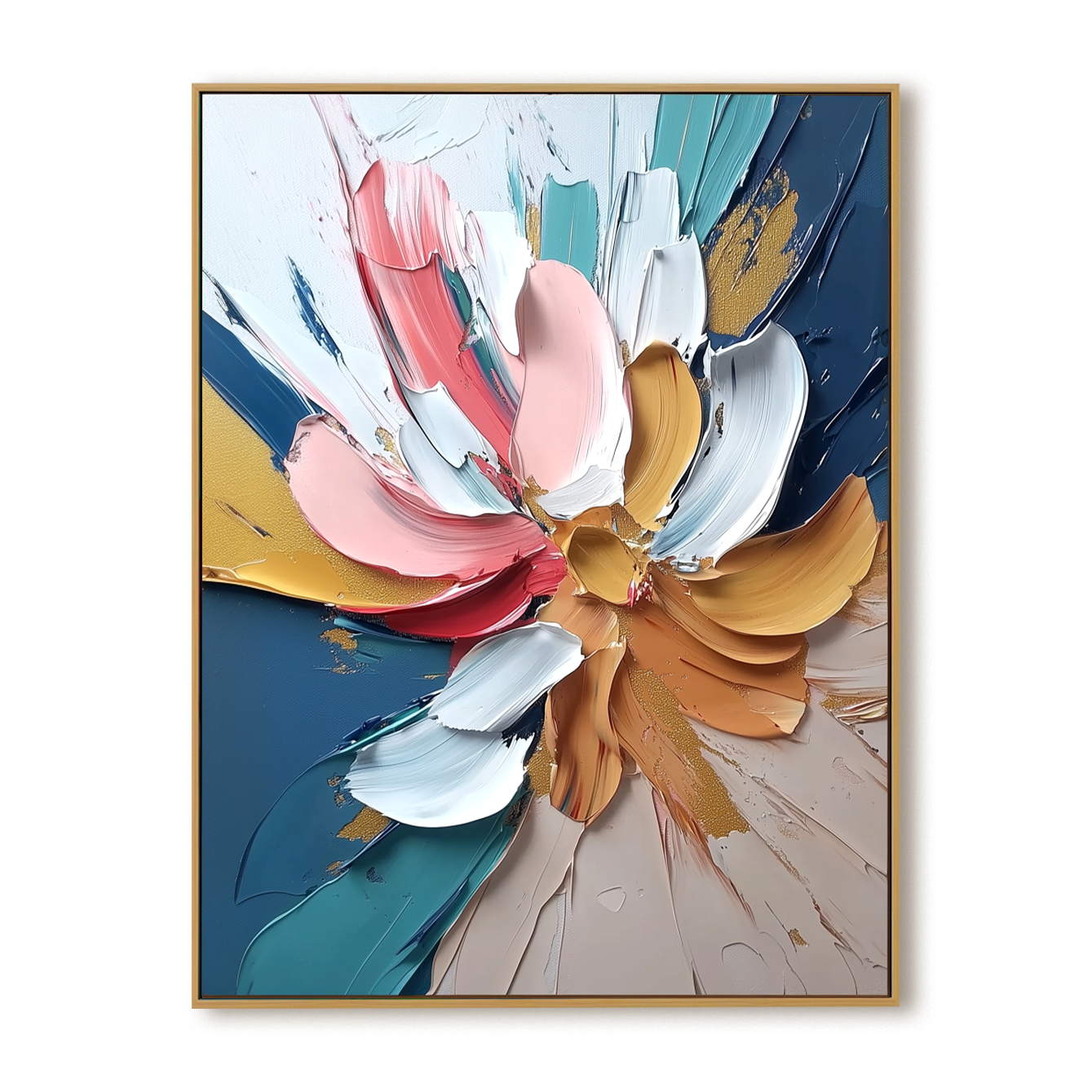 Vertical abstract floral painting with thick textured brushstrokes