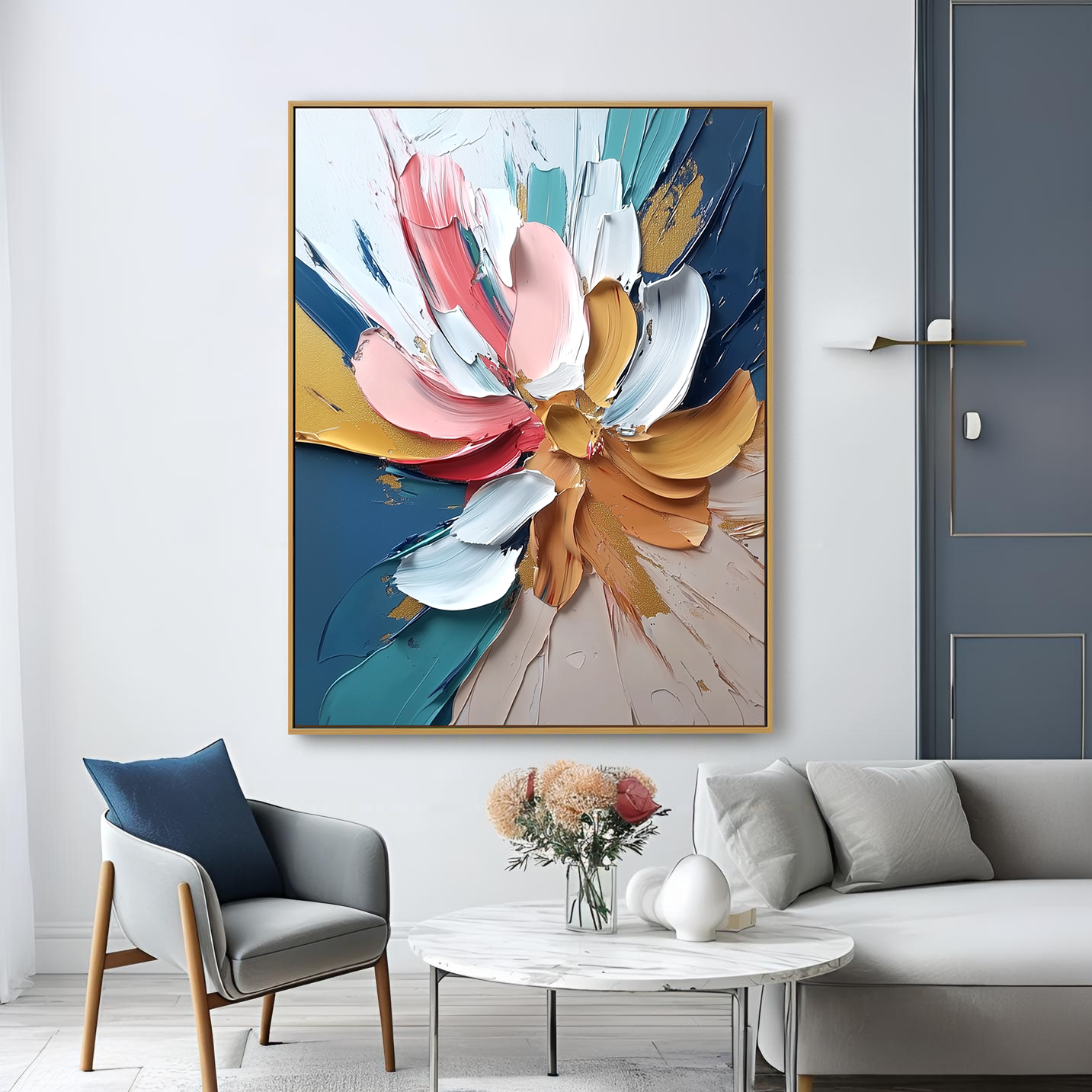 Vertical abstract floral painting with thick textured brushstrokes