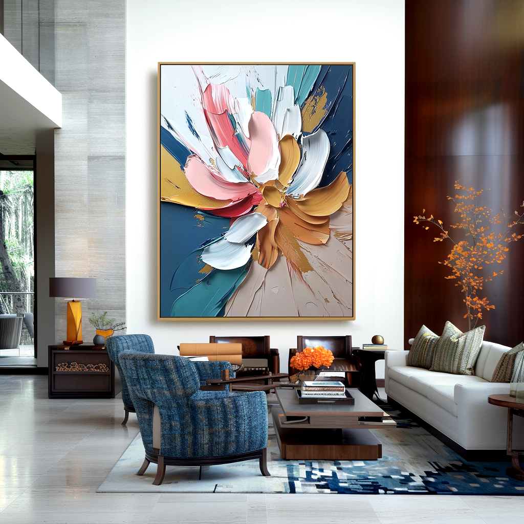 Vertical abstract floral painting with thick textured brushstrokes