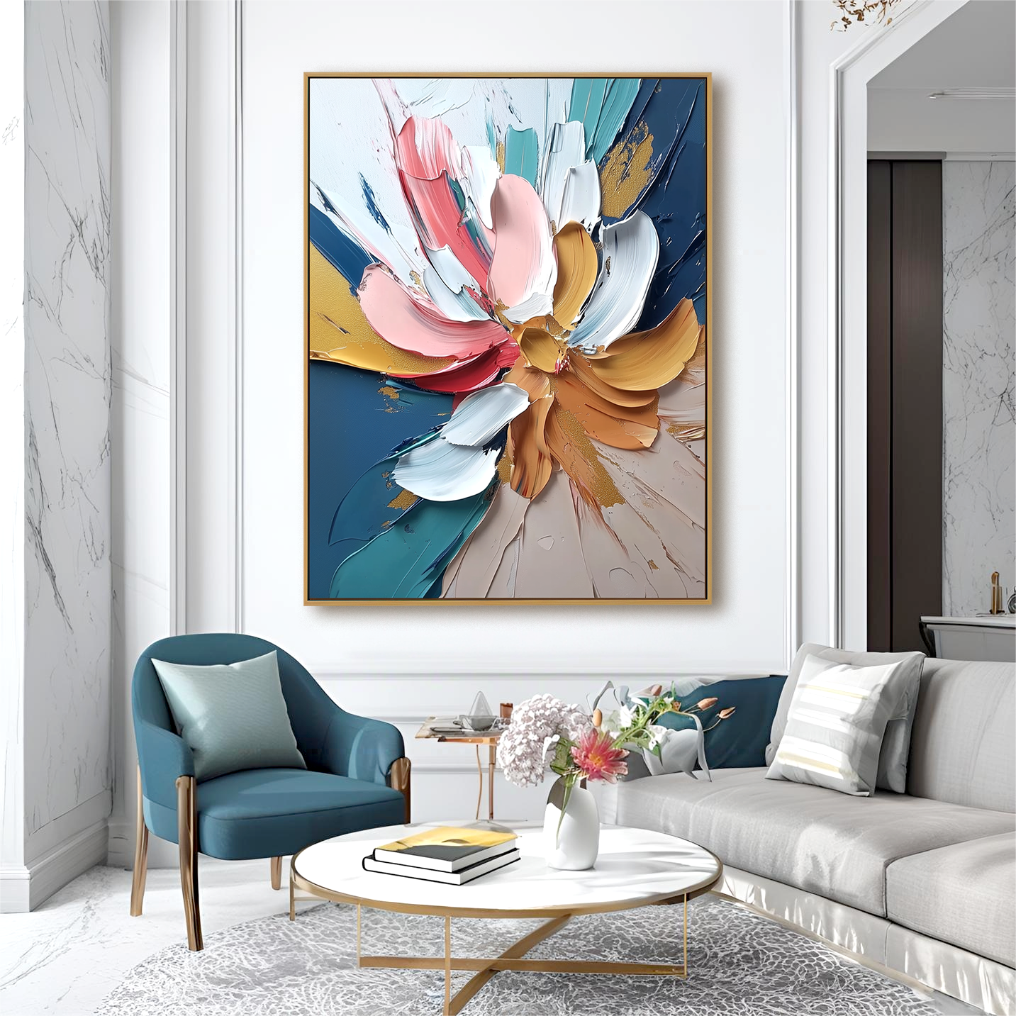 Vertical abstract floral painting with thick textured brushstrokes