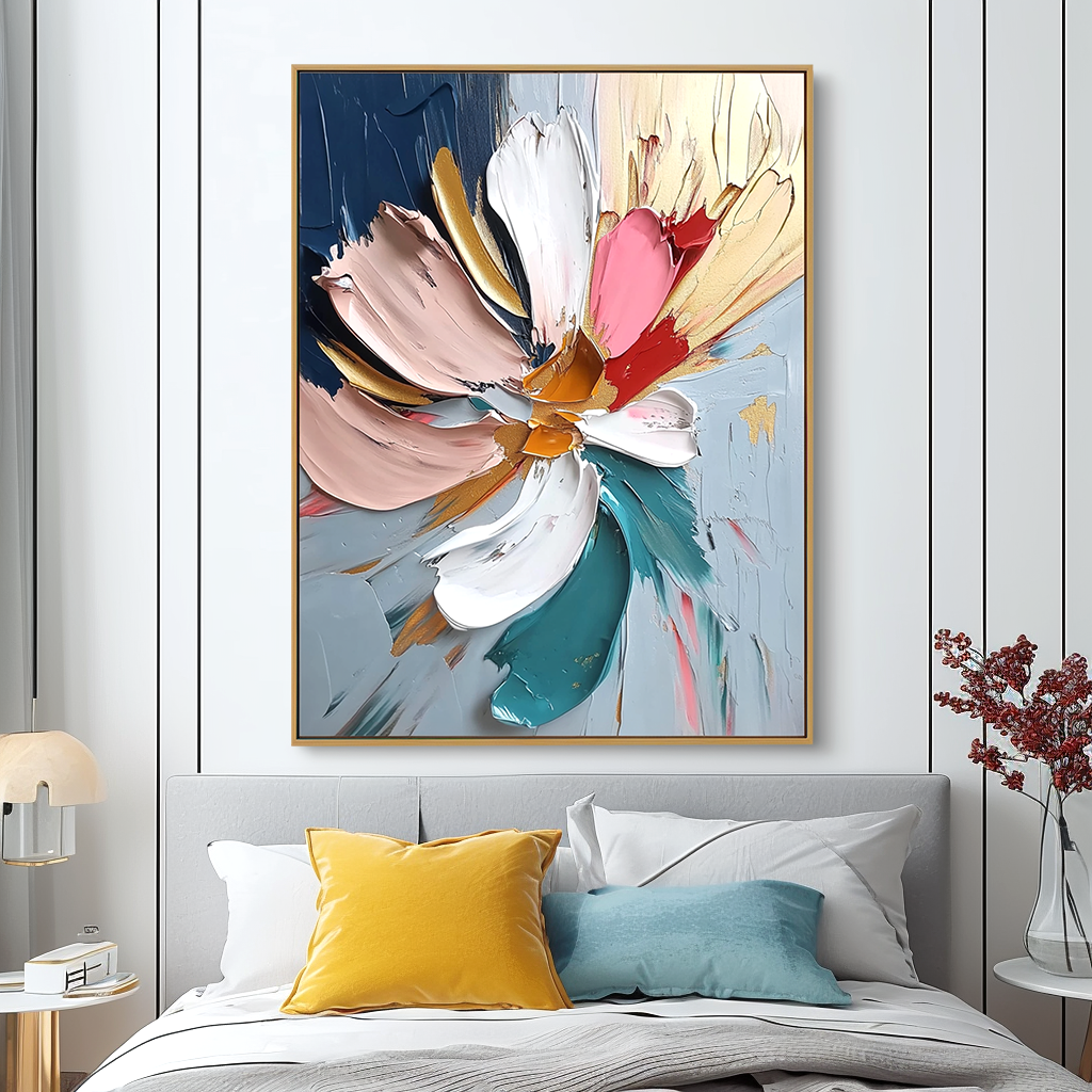 Vertical abstract floral painting with thick textured petals and expressive brushstrokes