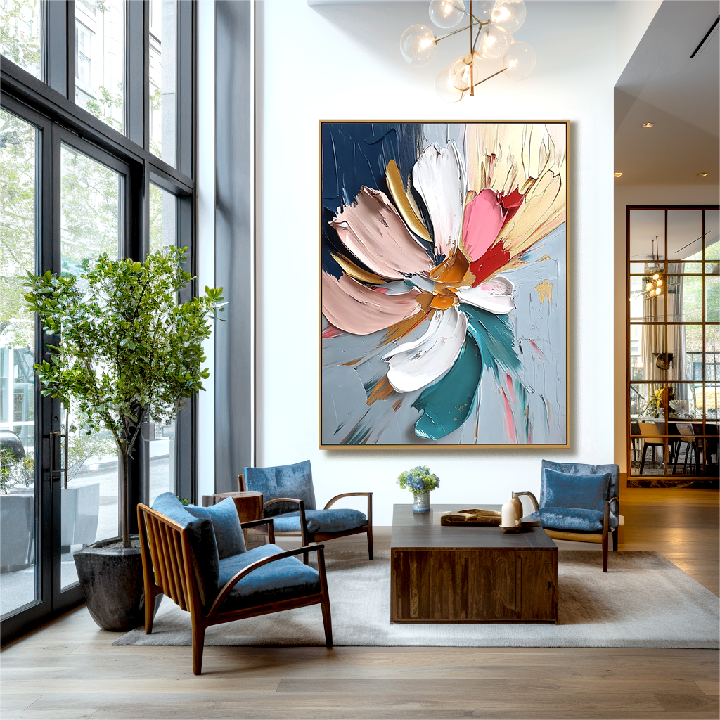 Vertical abstract floral painting with thick textured petals and expressive brushstrokes