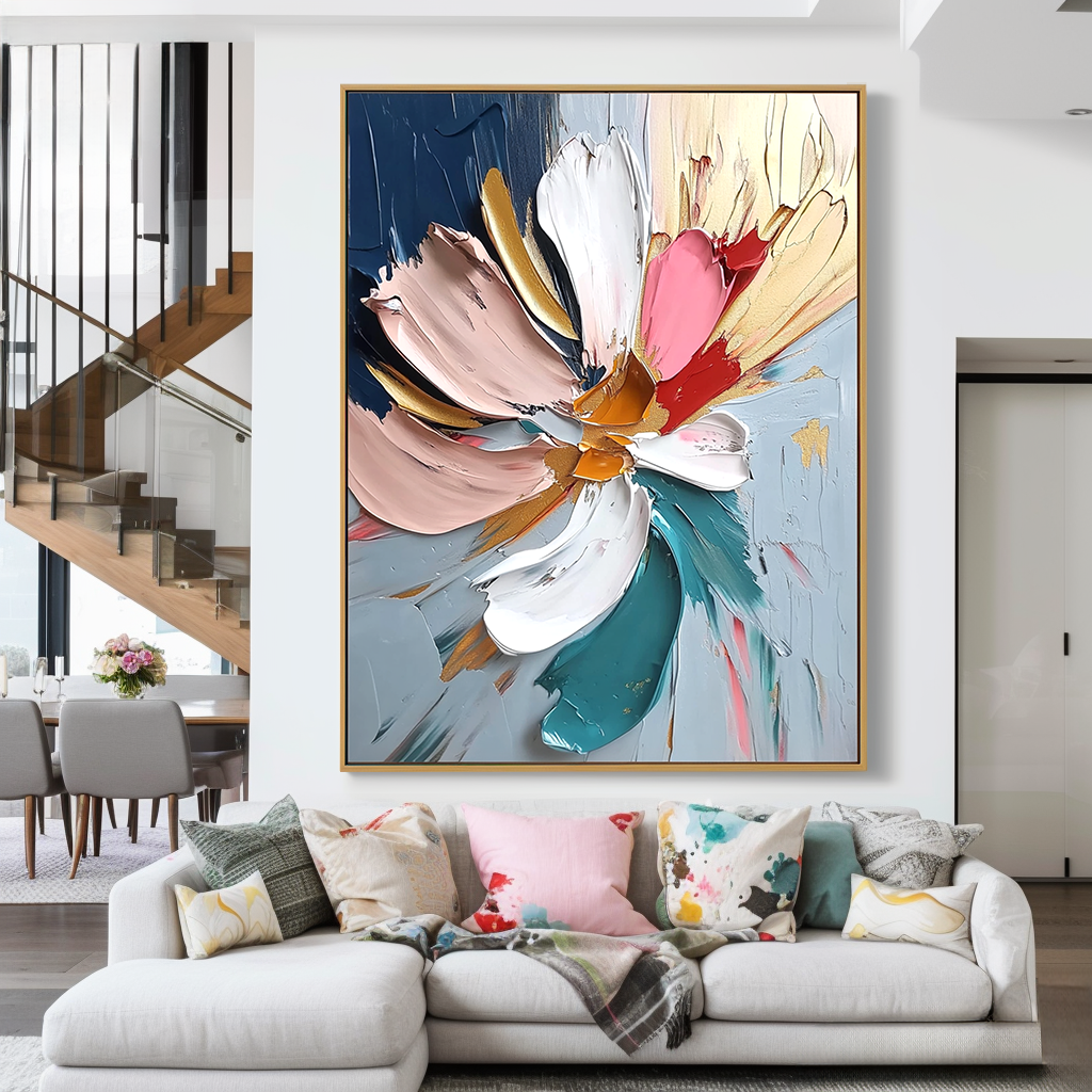 Vertical abstract floral painting with thick textured petals and expressive brushstrokes