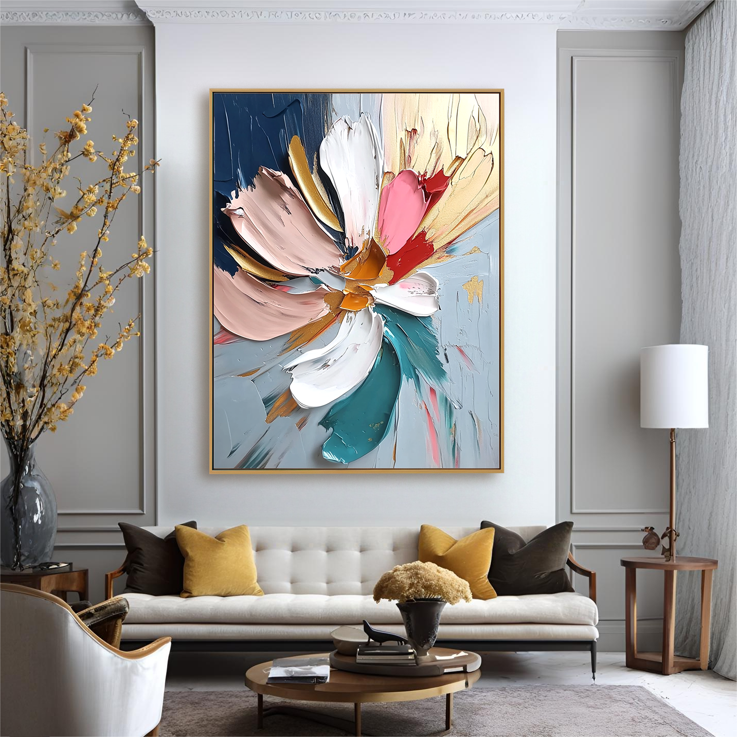 Vertical abstract floral painting with thick textured petals and expressive brushstrokes