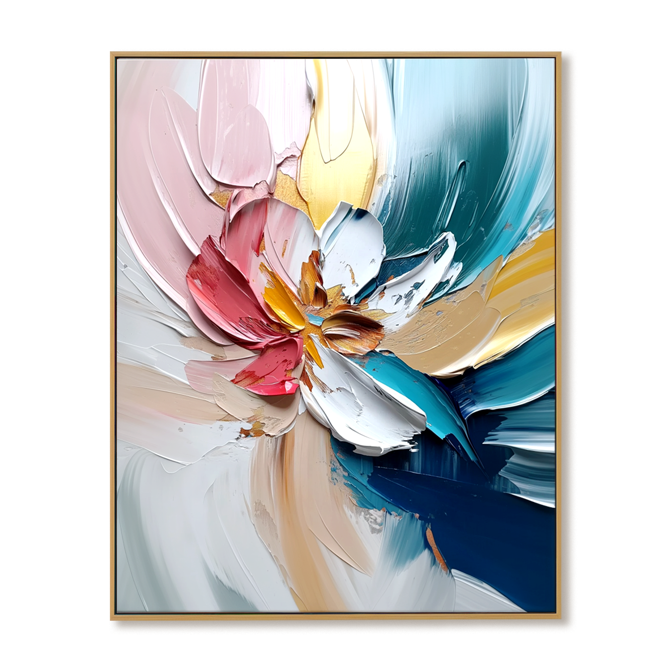 Vertical abstract floral painting with thick textured petals and flowing brushstrokes