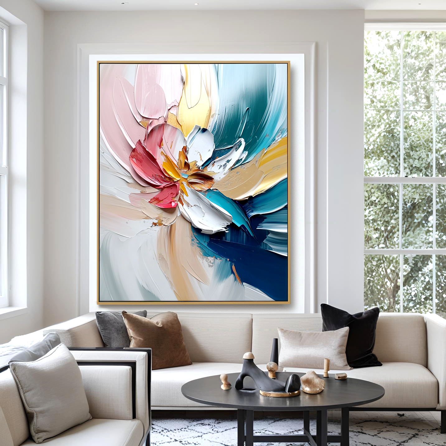 Vertical abstract floral painting with thick textured petals and flowing brushstrokes