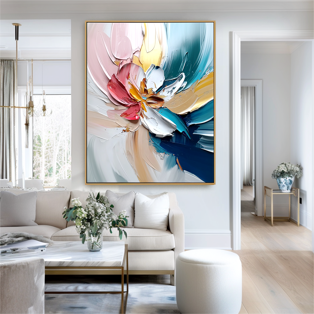 Vertical abstract floral painting with thick textured petals and flowing brushstrokes