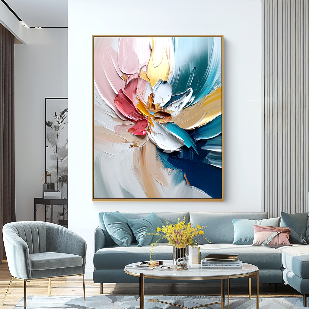 Vertical abstract floral painting with thick textured petals and flowing brushstrokes