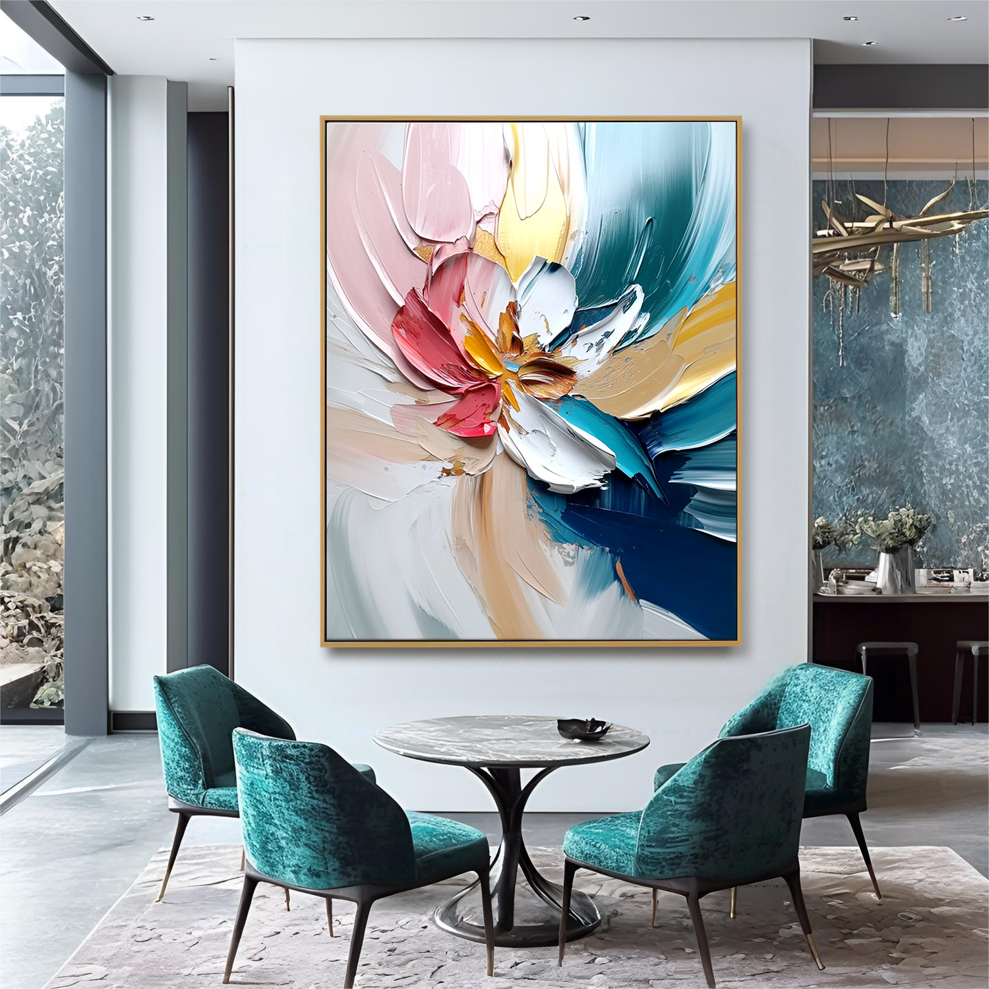 Vertical abstract floral painting with thick textured petals and flowing brushstrokes