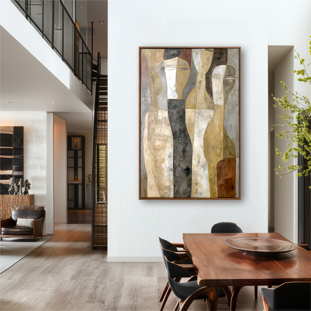 Abstract figurative painting showing calm human forms with soft textures and a modern minimalist style