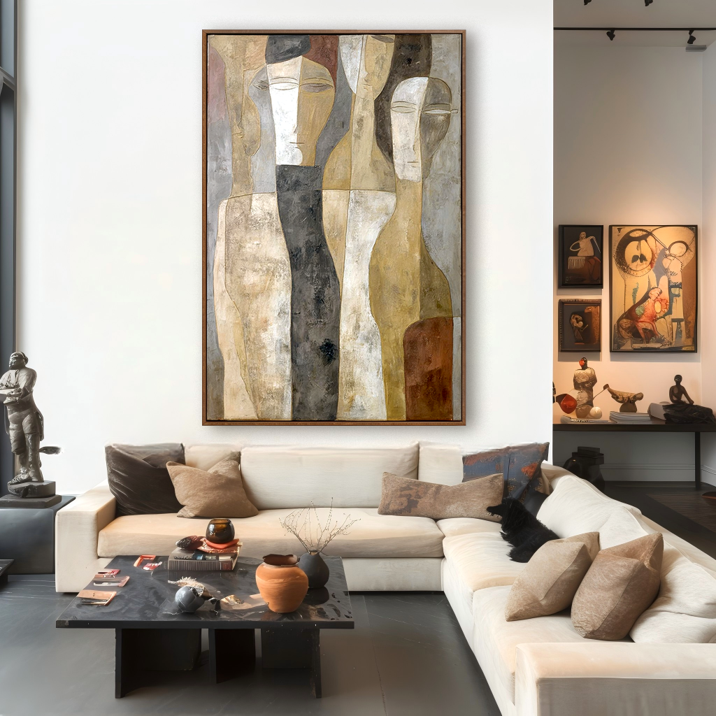 Abstract figurative painting showing calm human forms with soft textures and a modern minimalist style