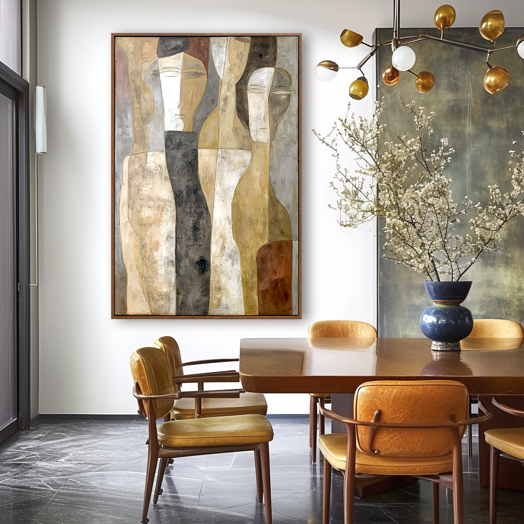 Abstract figurative painting showing calm human forms with soft textures and a modern minimalist style