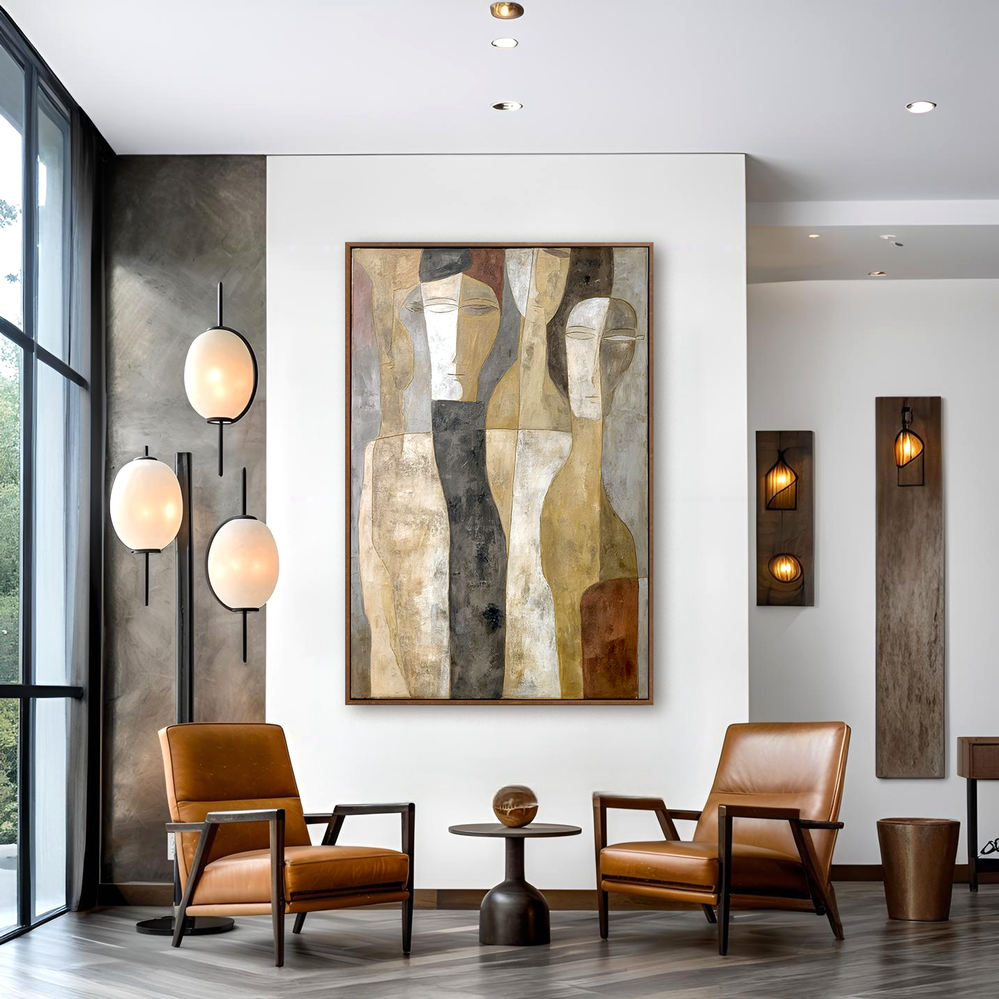 Abstract figurative painting showing calm human forms with soft textures and a modern minimalist style