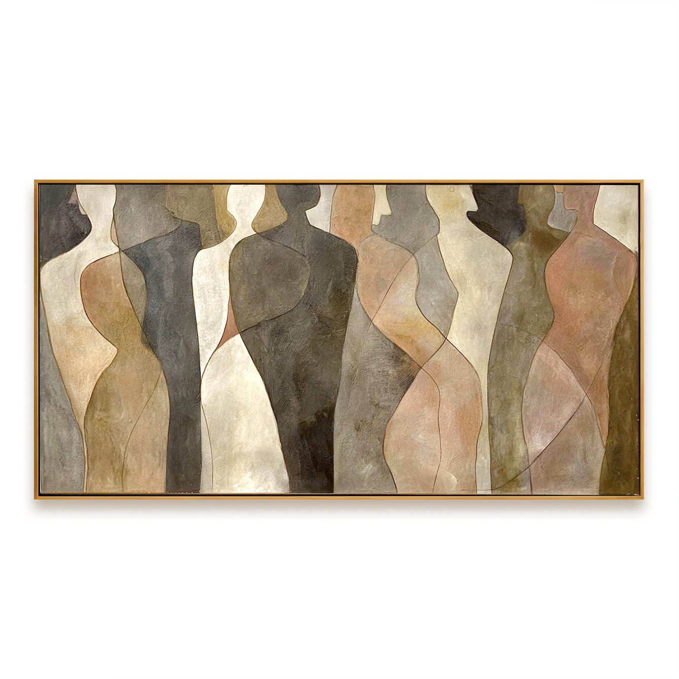Horizontal abstract figurative painting showing flowing human silhouettes in a calm and modern style