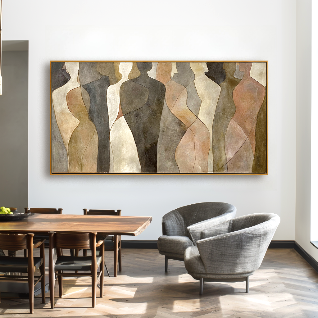 Horizontal abstract figurative painting showing flowing human silhouettes in a calm and modern style