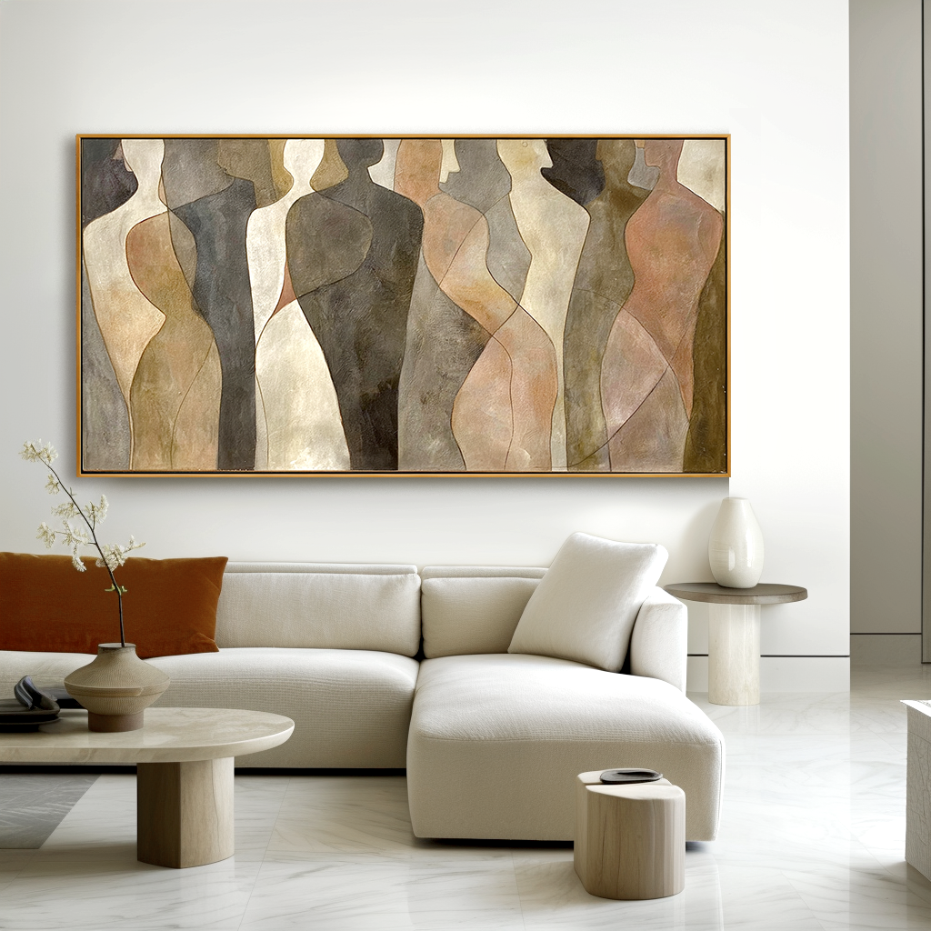 Horizontal abstract figurative painting showing flowing human silhouettes in a calm and modern style