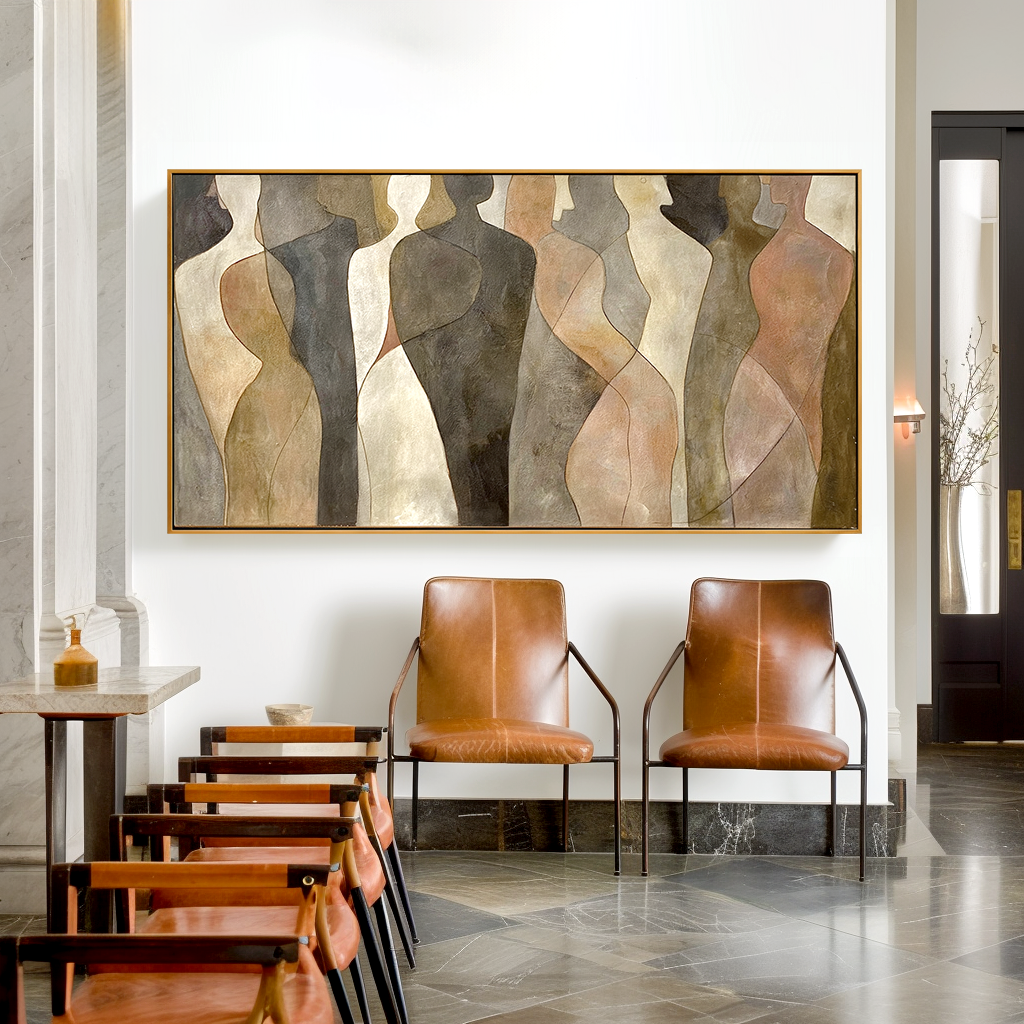 Horizontal abstract figurative painting showing flowing human silhouettes in a calm and modern style