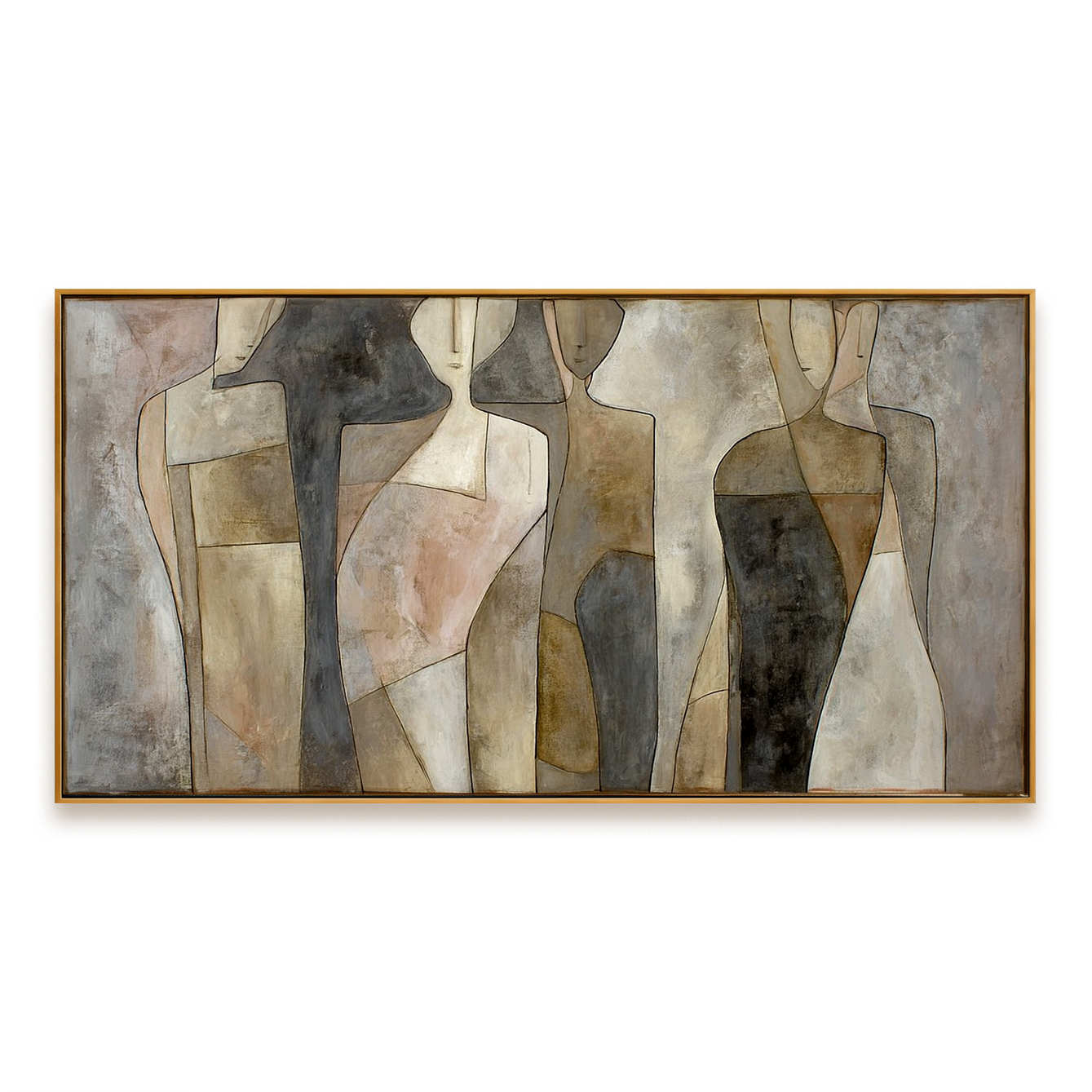 Horizontal abstract figurative painting with calm human shapes and soft textured surfaces