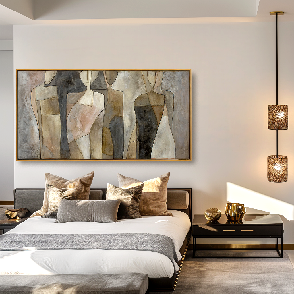 Horizontal abstract figurative painting with calm human shapes and soft textured surfaces